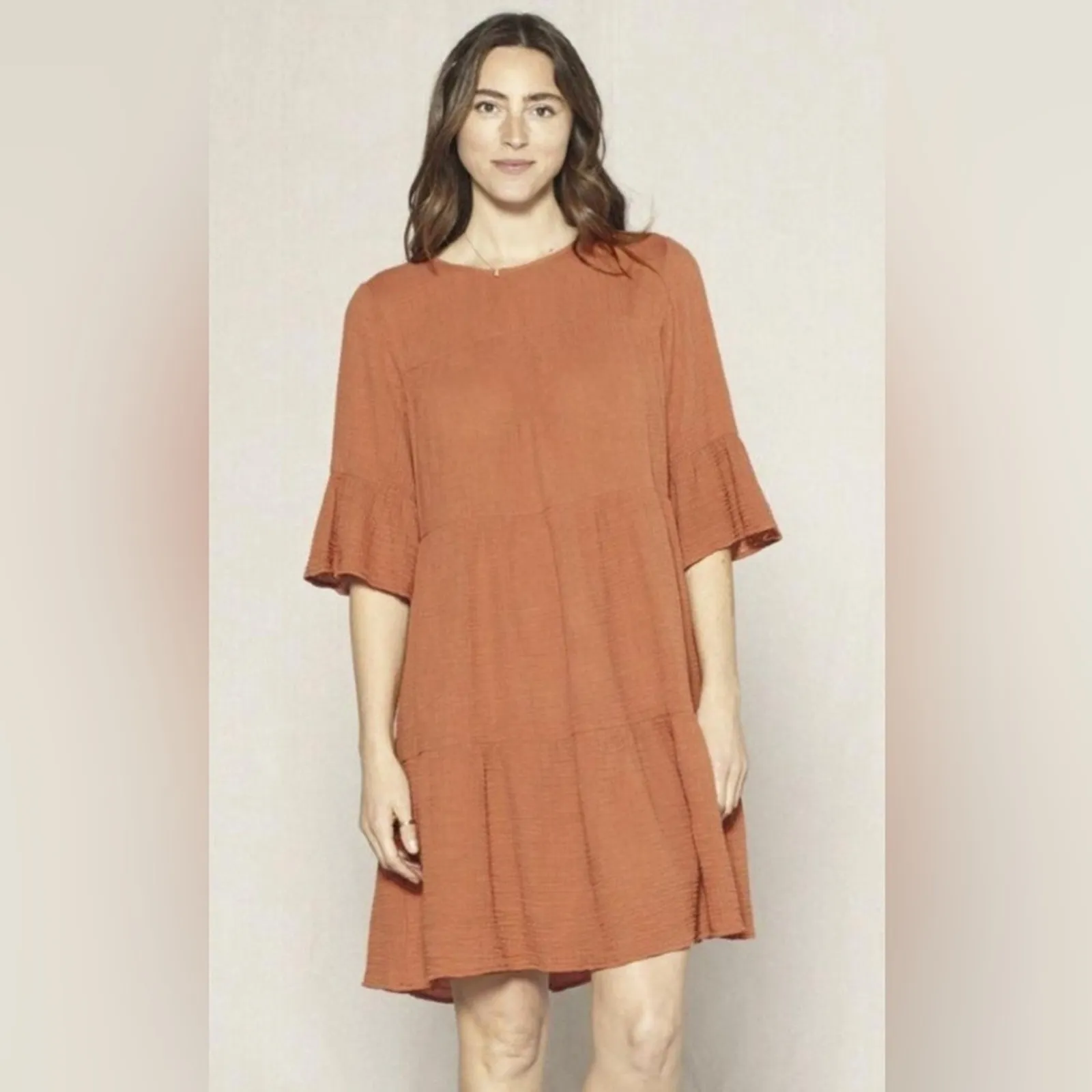 Outerknown Orange Clay Gauze Tiered Dress 3/4 Sleeves Womens Size S - Image 5
