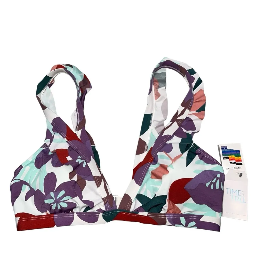 NEW Time and Tru Abstract Floral Ruffle Bikini Top size Medium White - Image 2