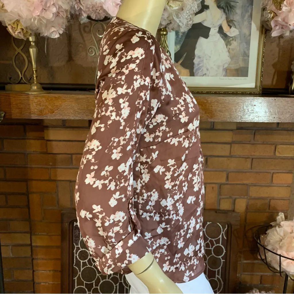 THE LIMITED BROWN AND PINK FLORAL PRINT SATIN 3/4 SLEEVE TUNIC (S) - Image 5