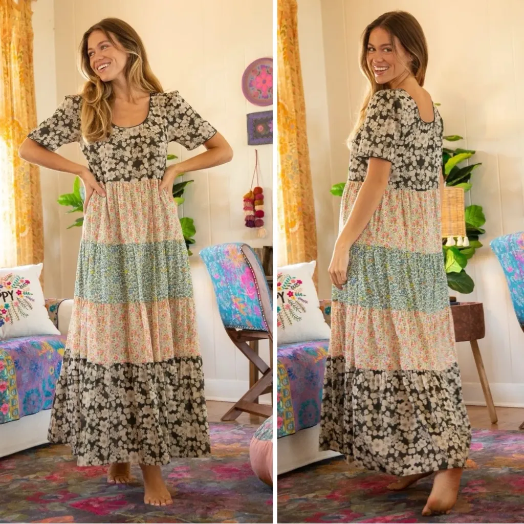 Natural Life Bohemian Patchwork Floral Lucia Tiered Maxi Dress Small Prairie - Image 3
