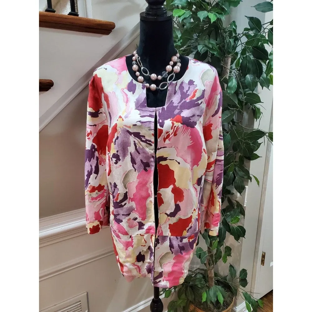 Maggie Barnes Women's Multicolor Floral Linen Long Sleeve Hook Front Jacket 2X - Image 14