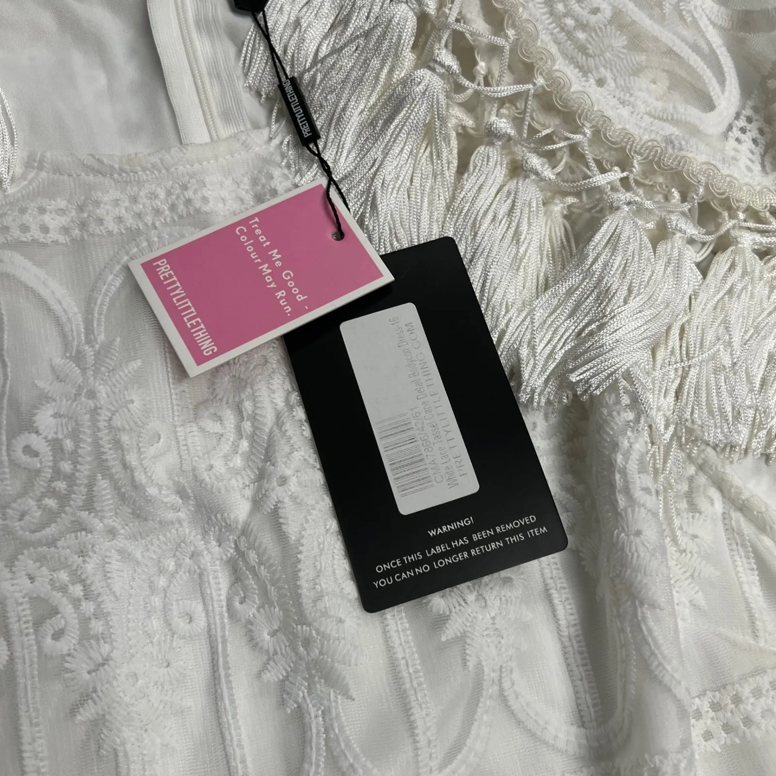 PRETTY‎ LITTLE THING Women's White Lace Tassel Cane Detail Dress Sz 12 NEW - Image 8