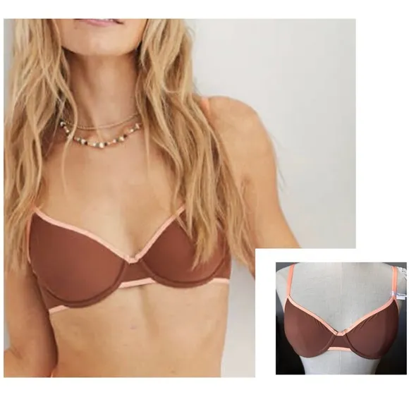 NWT Aerie 34B SMOOTHEZ Unlined Underwire Bra; Color: Brown with Orange trim - Image 2