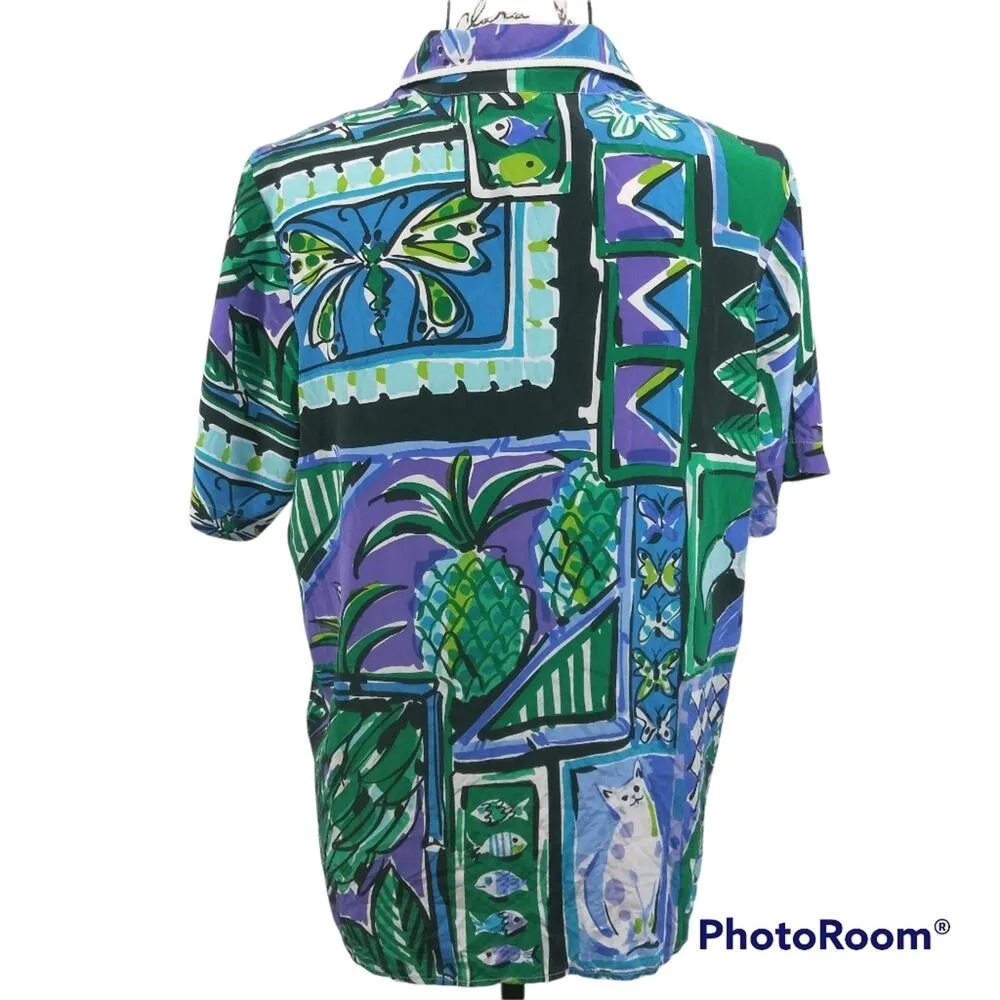 Bob Mackie Vintage Wearable Art Blue Green Print Button Front Artsy Top SZ M - Image 2