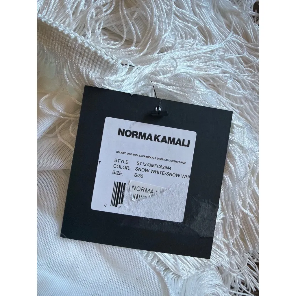 Norma Kamali Spliced One Shoulder Mid Calf Dress All Over Fringe Snow White Wome - Image 11