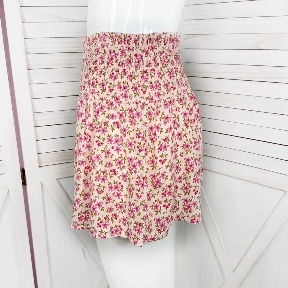 Soho Lady Floral Smocked High Waist Skort Shorts Pink Medium - Image 2