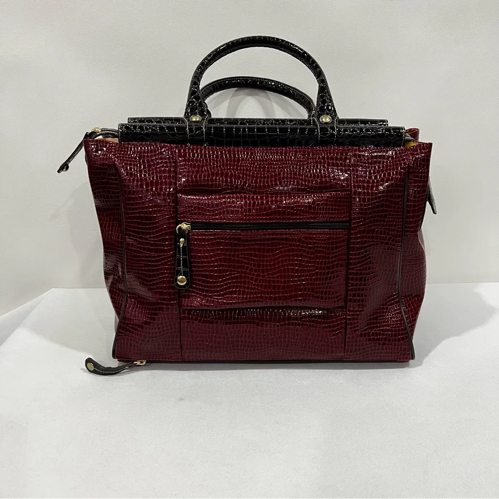 Samantha Brown Burgundy Brown Glazed Croc Embossed Travel Tote Bag Carry - Image 3