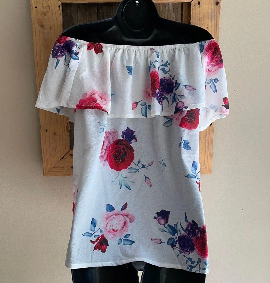 Yoins Floral Off The Shoulder Pink White Blue and Purple Floral Blouse Medium - Image 2