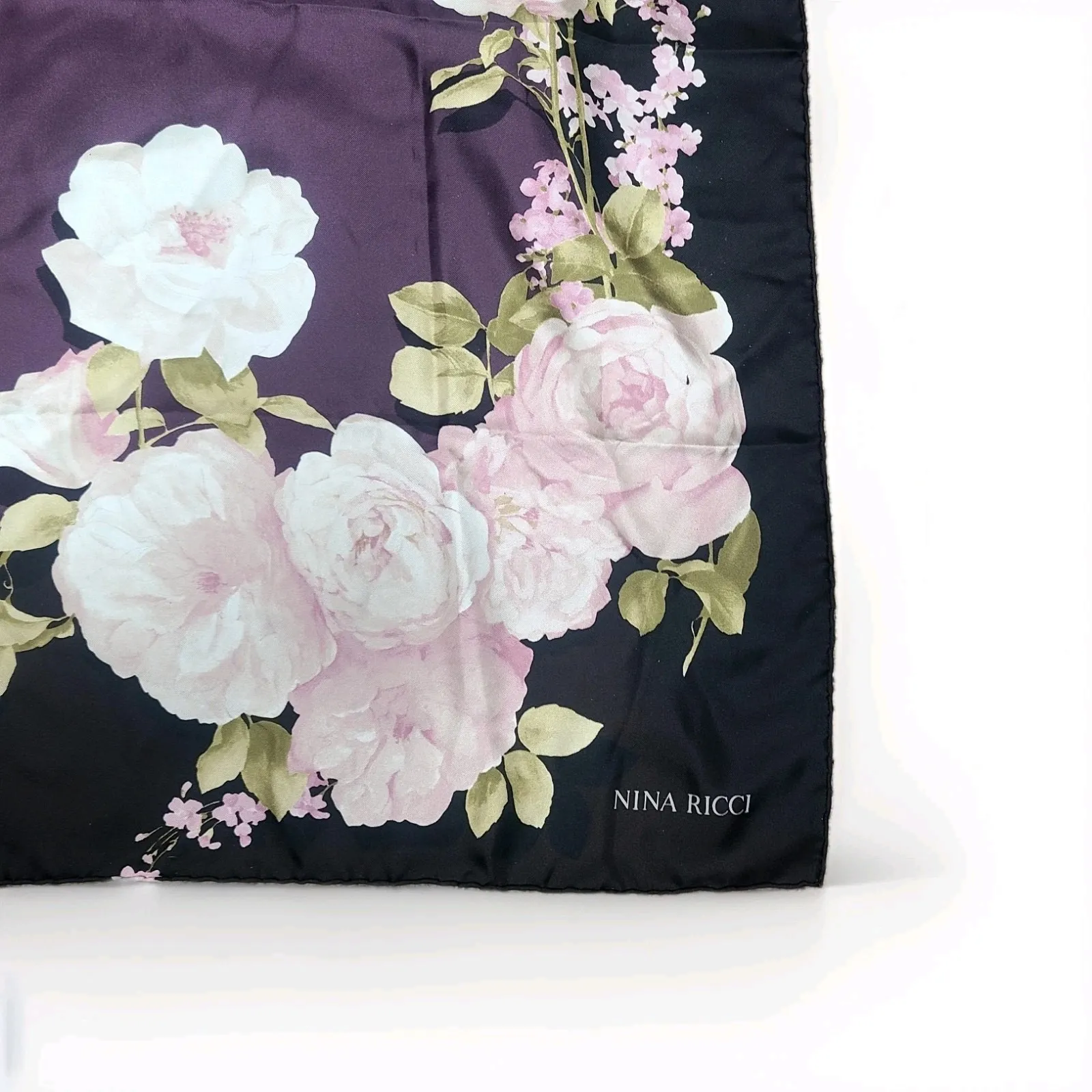 Vintage Nina Ricci 100% Silk Scarf Floral 34 inch Made In Italy Black Purple - Image 3