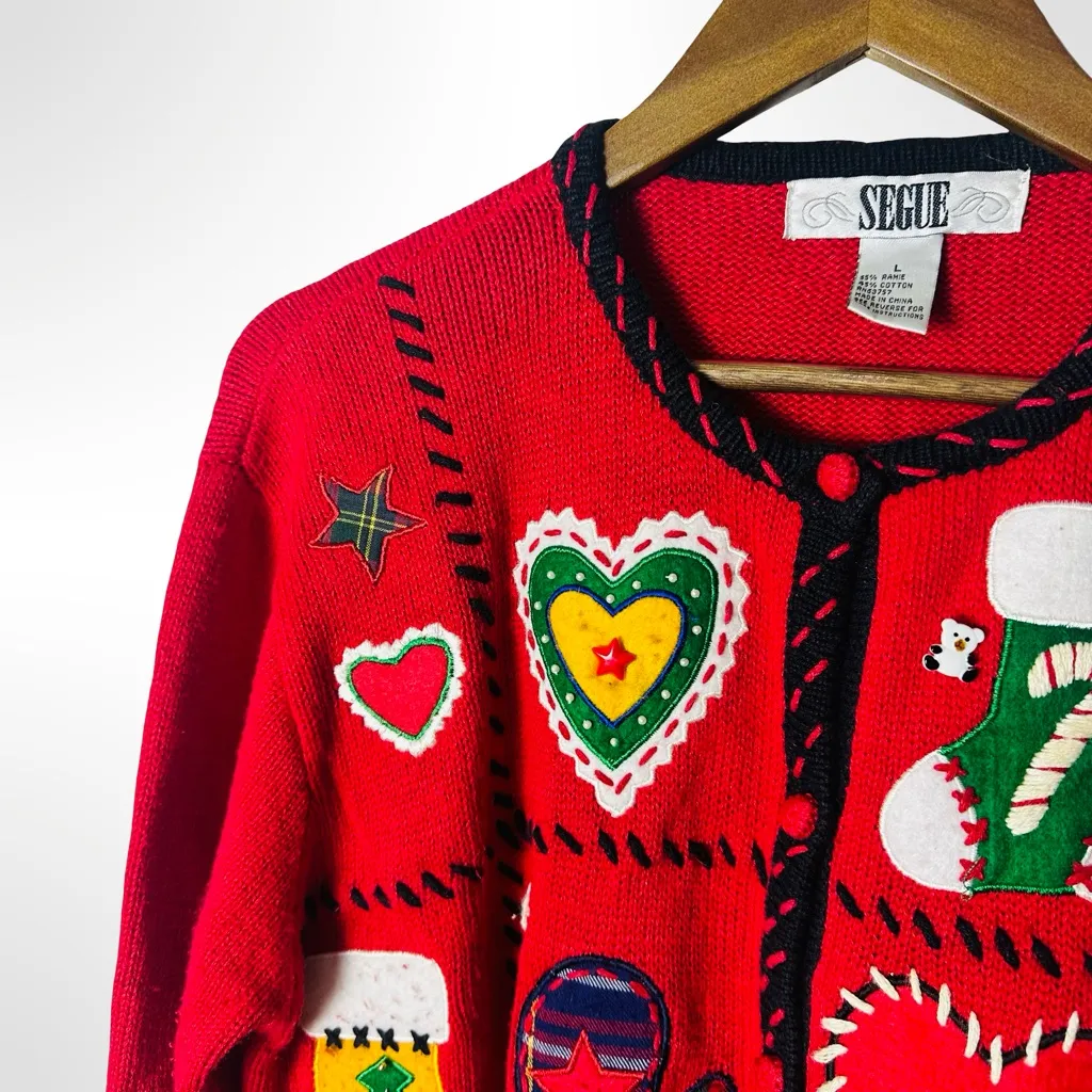 Vintage 80s Segue Christmas Cardigan Sweater Large Holiday Appliqué Knit Cottage Red - Image 4