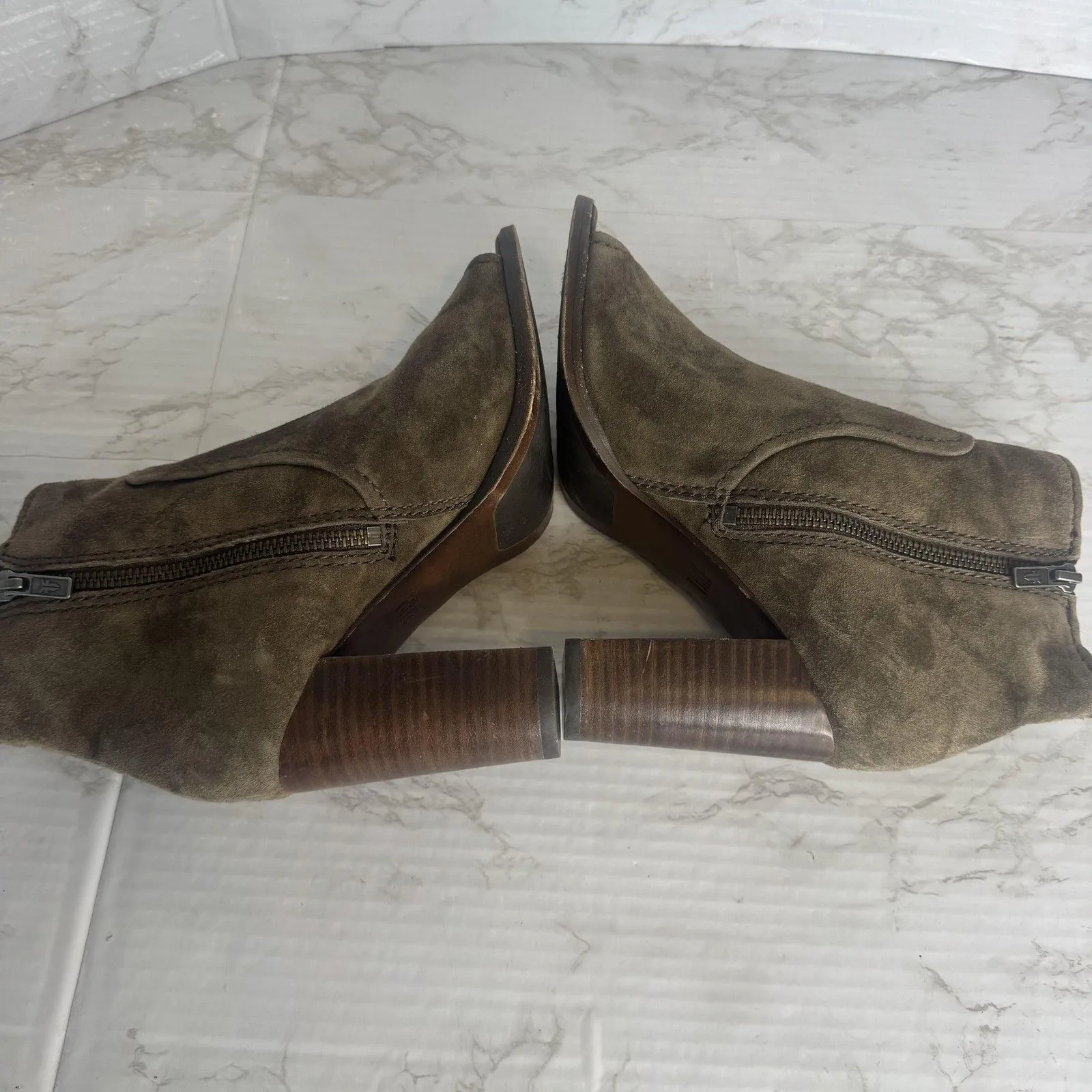 Frye Boots Womens Size 8 M Taupe Suede Peep Toe ankle Booties Stacked Heel - Image 8