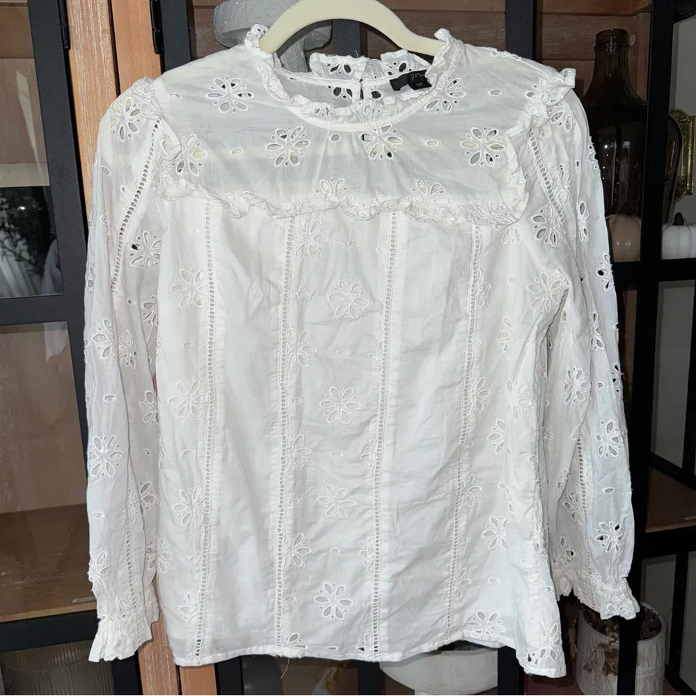 J. CREW Eyelet blouse top long sleeve ruffle mock neck floral lattice ladder - Image 2