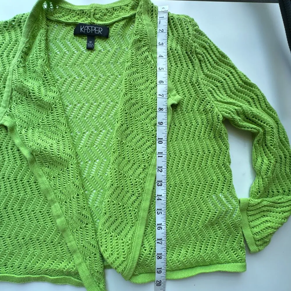 Kasper Open Knit Drape Cardigan Bright Lime Cotton Blend Green Size Medium - Image 6