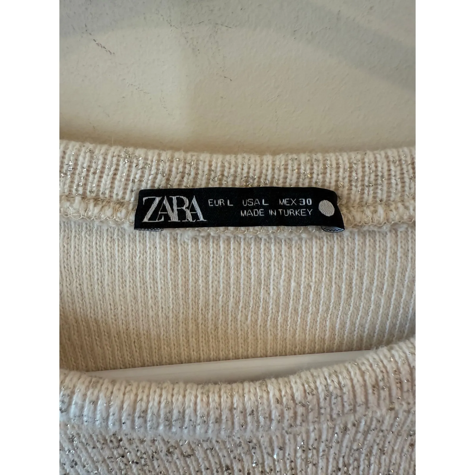 Zara Drop Shoulder Metallic Silver Crop Cotton Sweater Cream Women's Size Large - Image 5