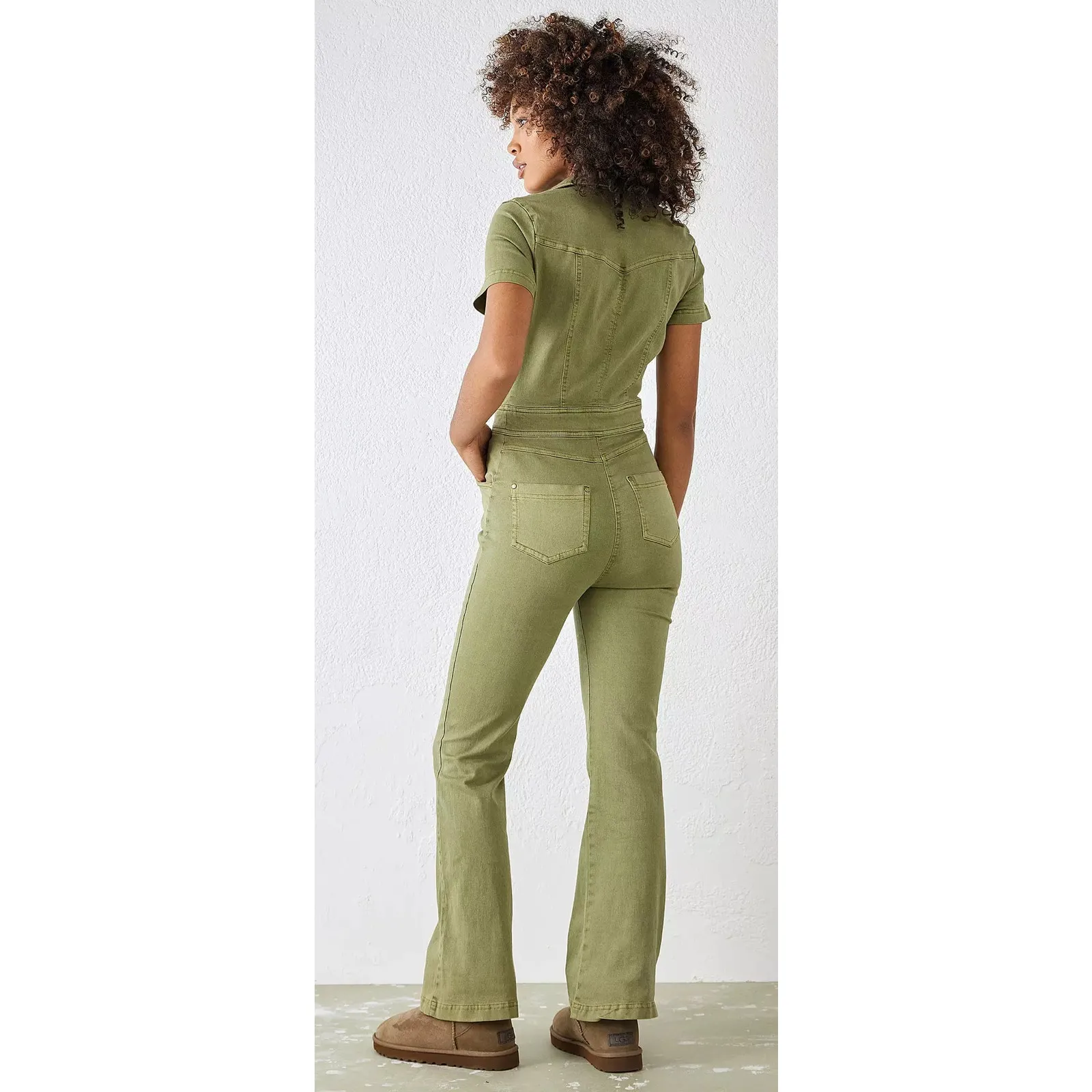 Urban Outfitters Emma Denim Flared Jumpsuit Women S Olive Green Utility Stretch - Image 2