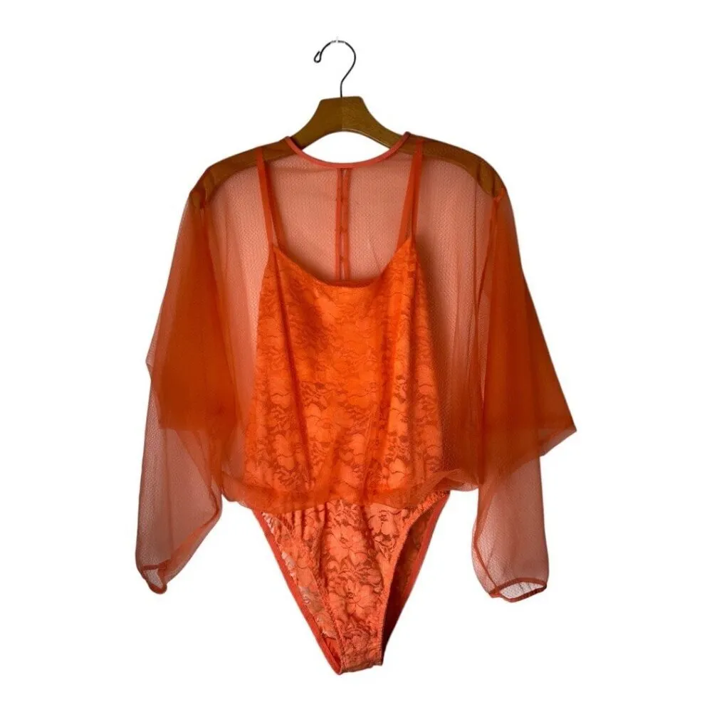 HAH Hot As‎ Hell Bodysuit Women Medium Orange Sheer Lace Mesh Mama Jen - Image 4