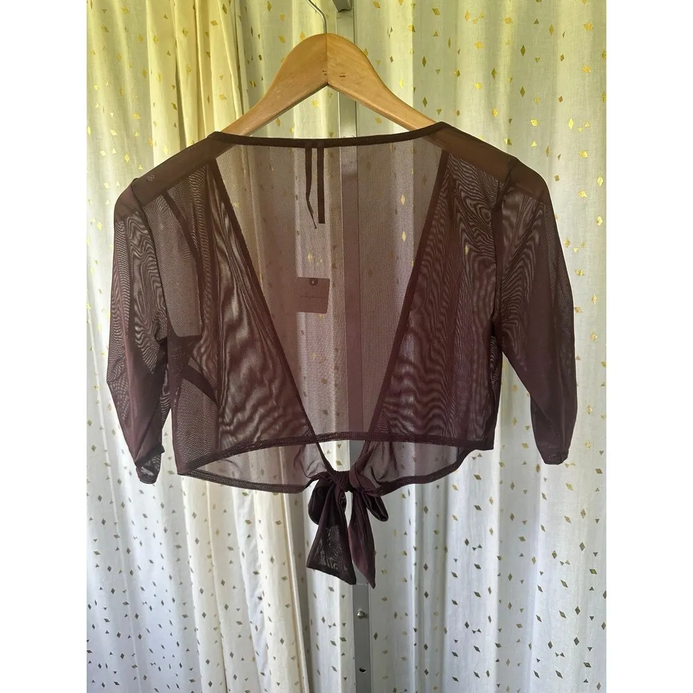 By Anthropologie NWT Mesh Front Tie Ruched Sleeves Swim Cover Up Layering Top S - Image 6