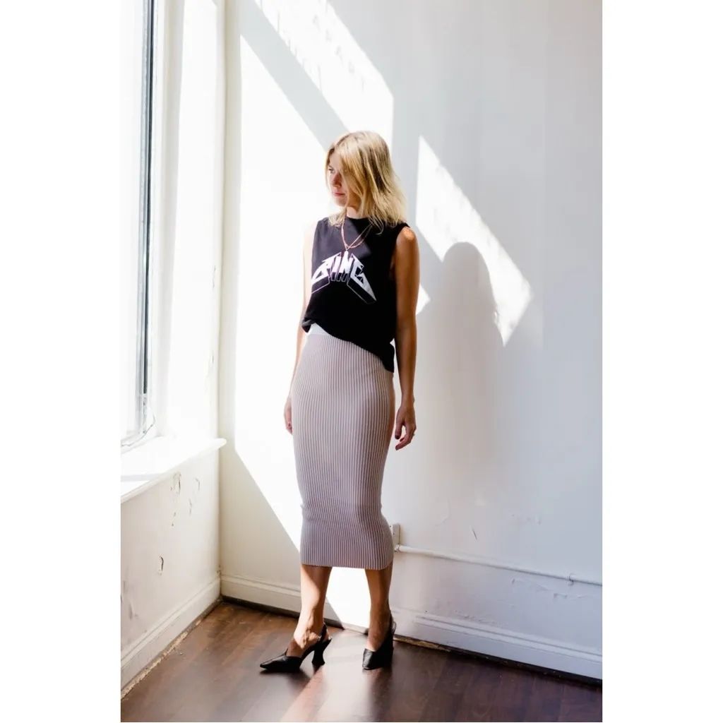 Anine Bing Julian Ribbed Knit Midi Skirt in Ivory and Camel Size Small Bodycon - Image 15