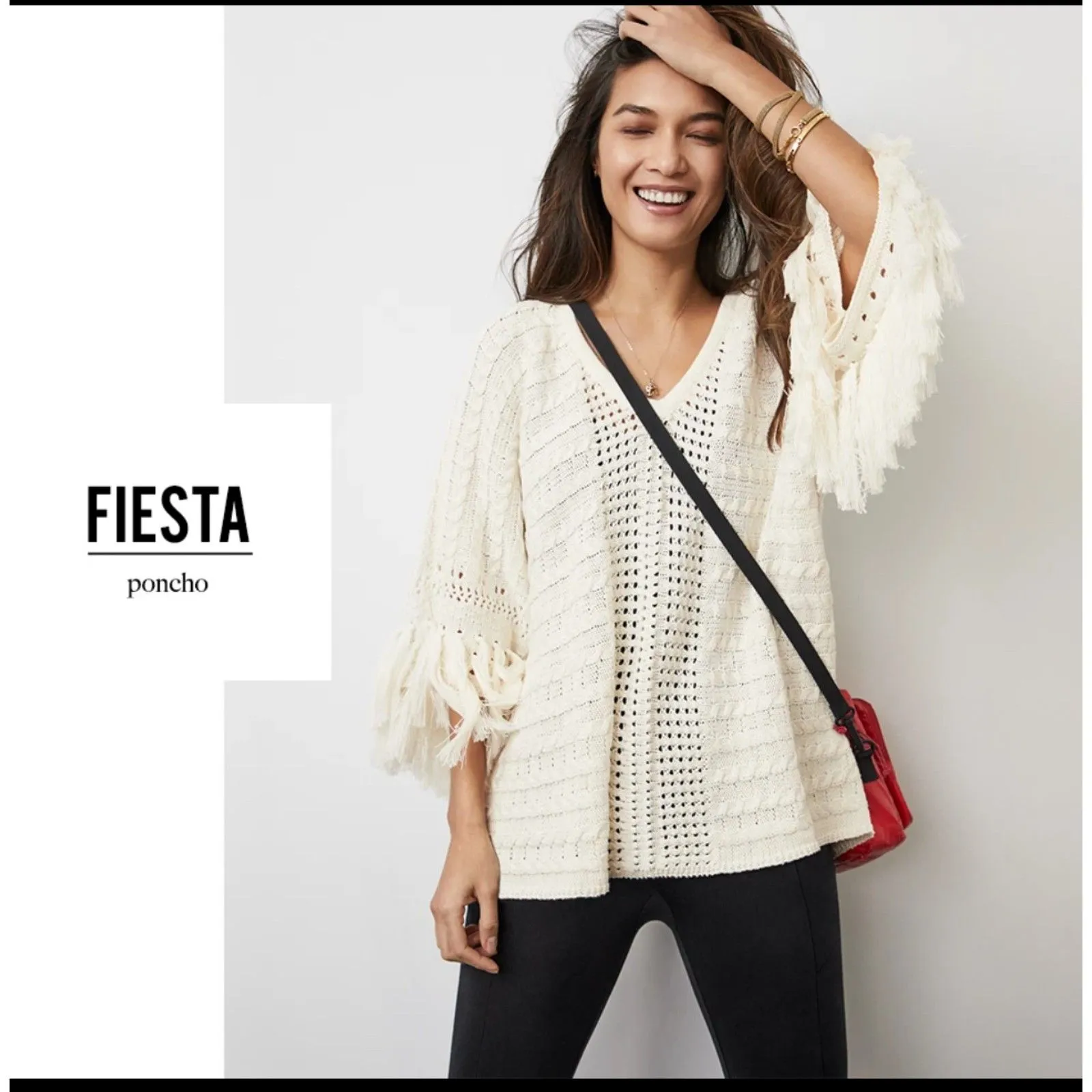 Cabi White Open Knit Fiesta Sweater Sz S Western Cowgirl Boho Fringe Cable Rodeo - Image 2