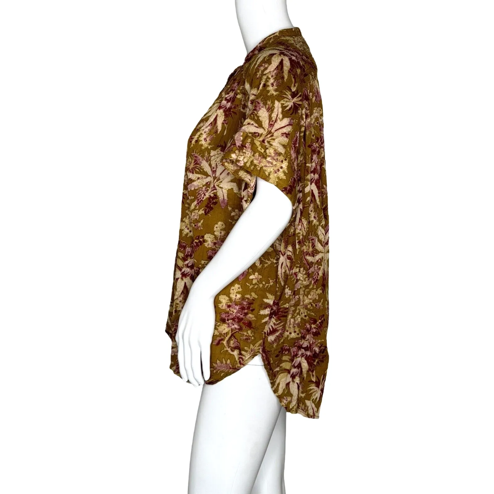 Pilcro Shirt Womens Small Medium Mustard Yellow Pink Tropical Floral‎ Cruisewear - Image 3