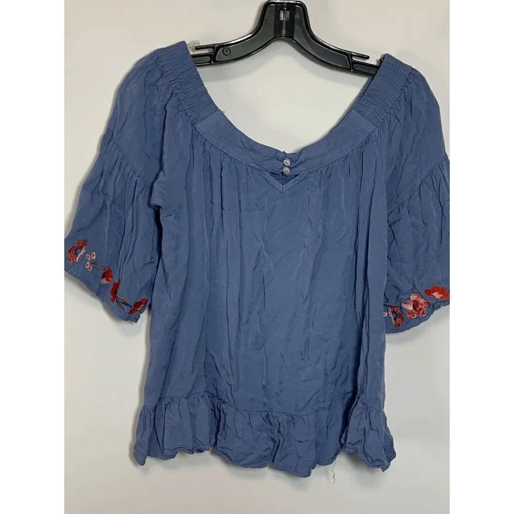 Umgee Women's Off the Shoulder Floral Embroidered Short Sleeve Denim Blue Top S - Image 6
