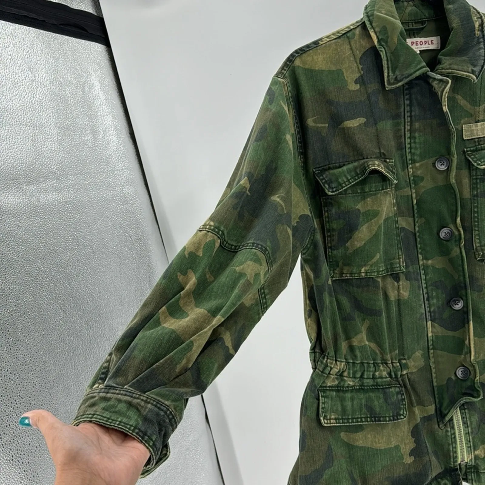 Free People Seize The Day Green Camo Print Utility Jacket Denim Military size XS - Image 6