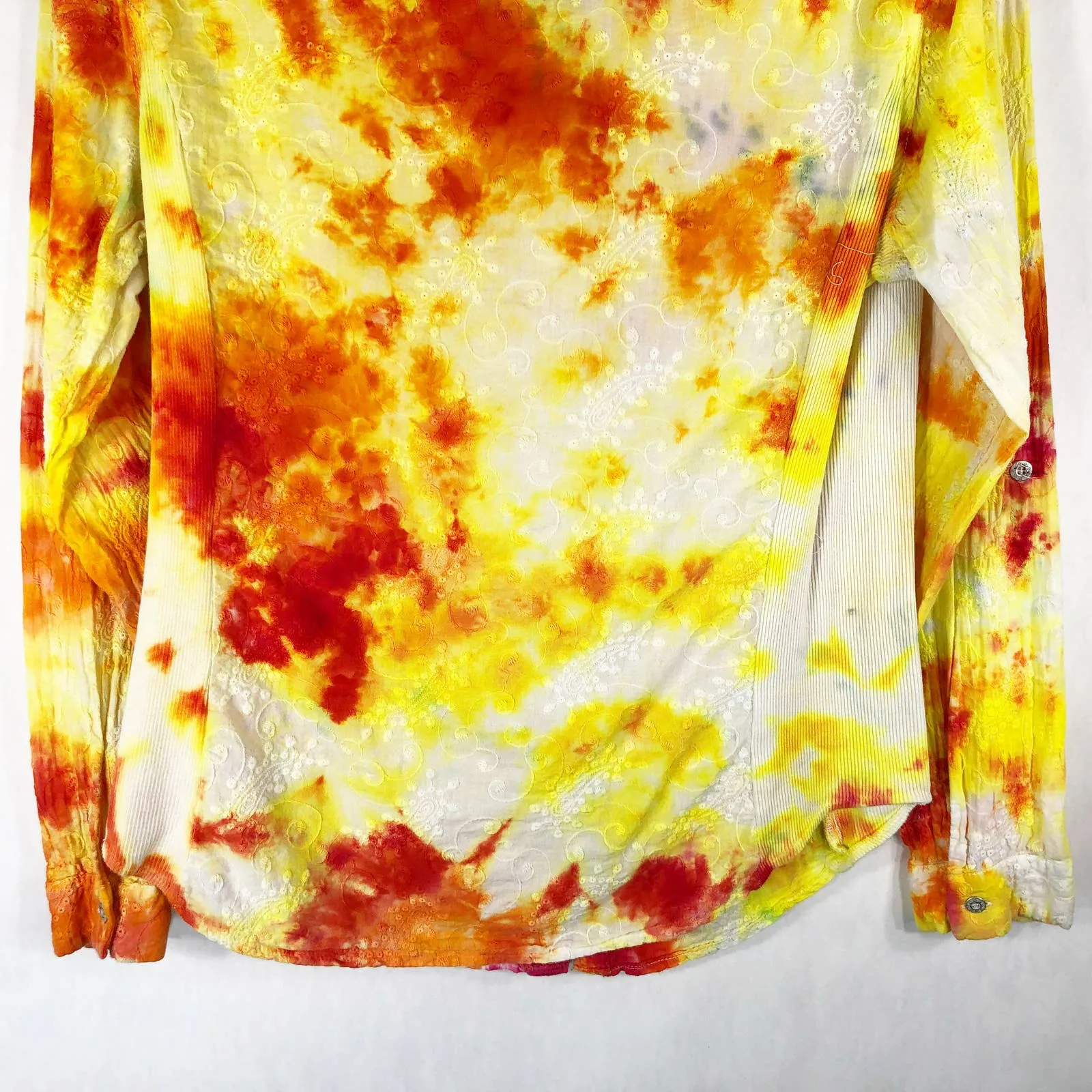 Reba‎ Medium Button Down Top Handmade Tie Dye Southern Fire Yellow Orange 1519 - Image 7