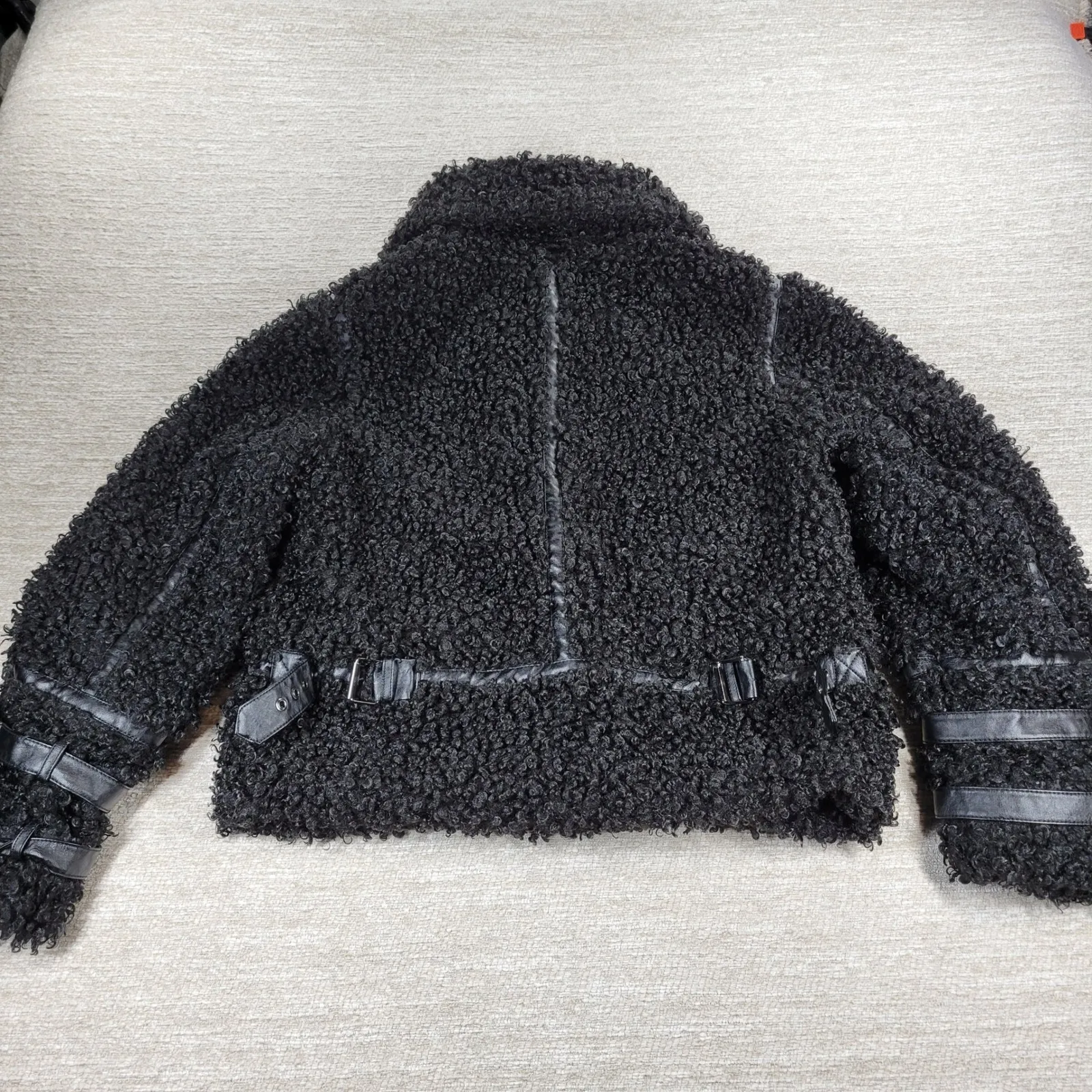 dh NEW YORK Moto Jacket Womens Med Black Curly Faux Fur Leather Trim Buckles - Image 15