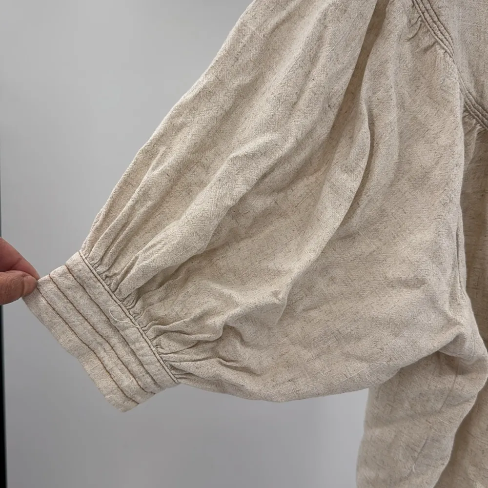 Umgee Natural Linen blend Blouse raw hem S oversized short balloon sleeve casual - Image 5