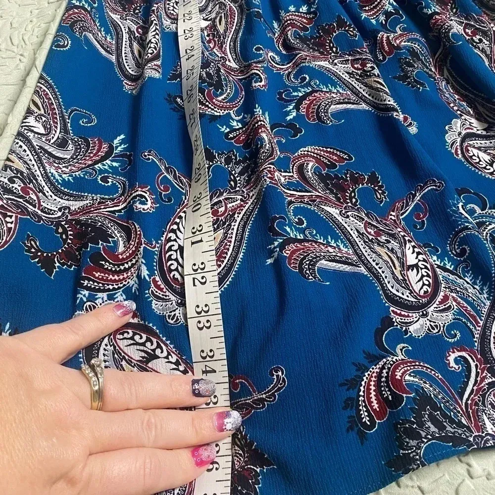 White House Black Market Blue Paisley Mock Neck Bell Sleeves WHBM Medium M - Image 5