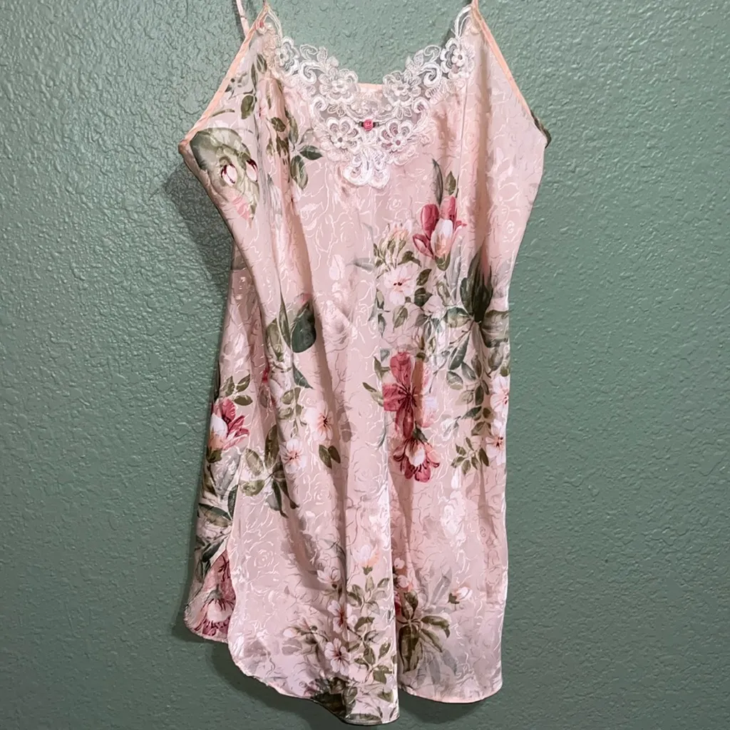 Vintage Elegant Blush Rose Garden Lace Satin Slip Dress Inner Most Size L - Image 3