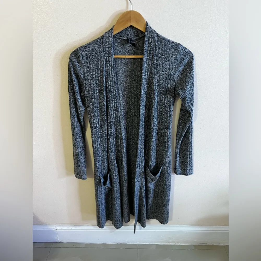 Fleurette Gray Fleurette Black White Long Open Cardigan Sweater Pockets Gray - Image 14