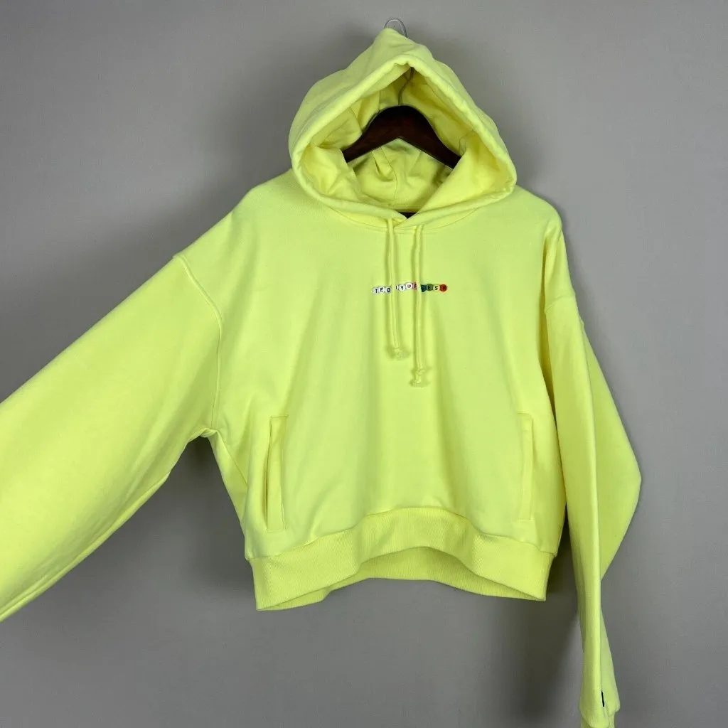 Teddy Fresh Hoodie Womens XL Highlighter Neon Yellow Cropped 100% Cotton Beaded‎ - Image 7