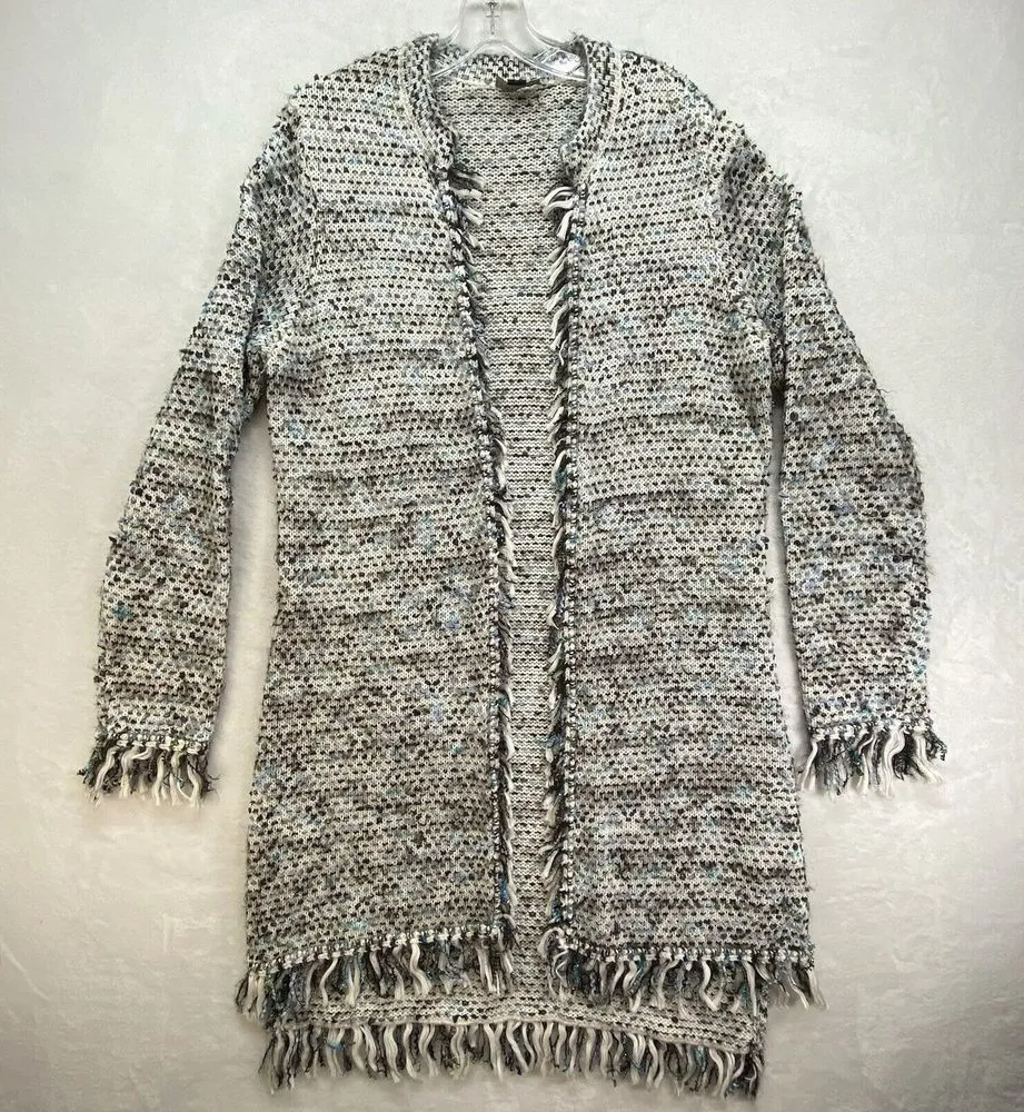 Carlisle Cardigan Sweater Womens Large Open Knit Duster White blue black boho - Image 1
