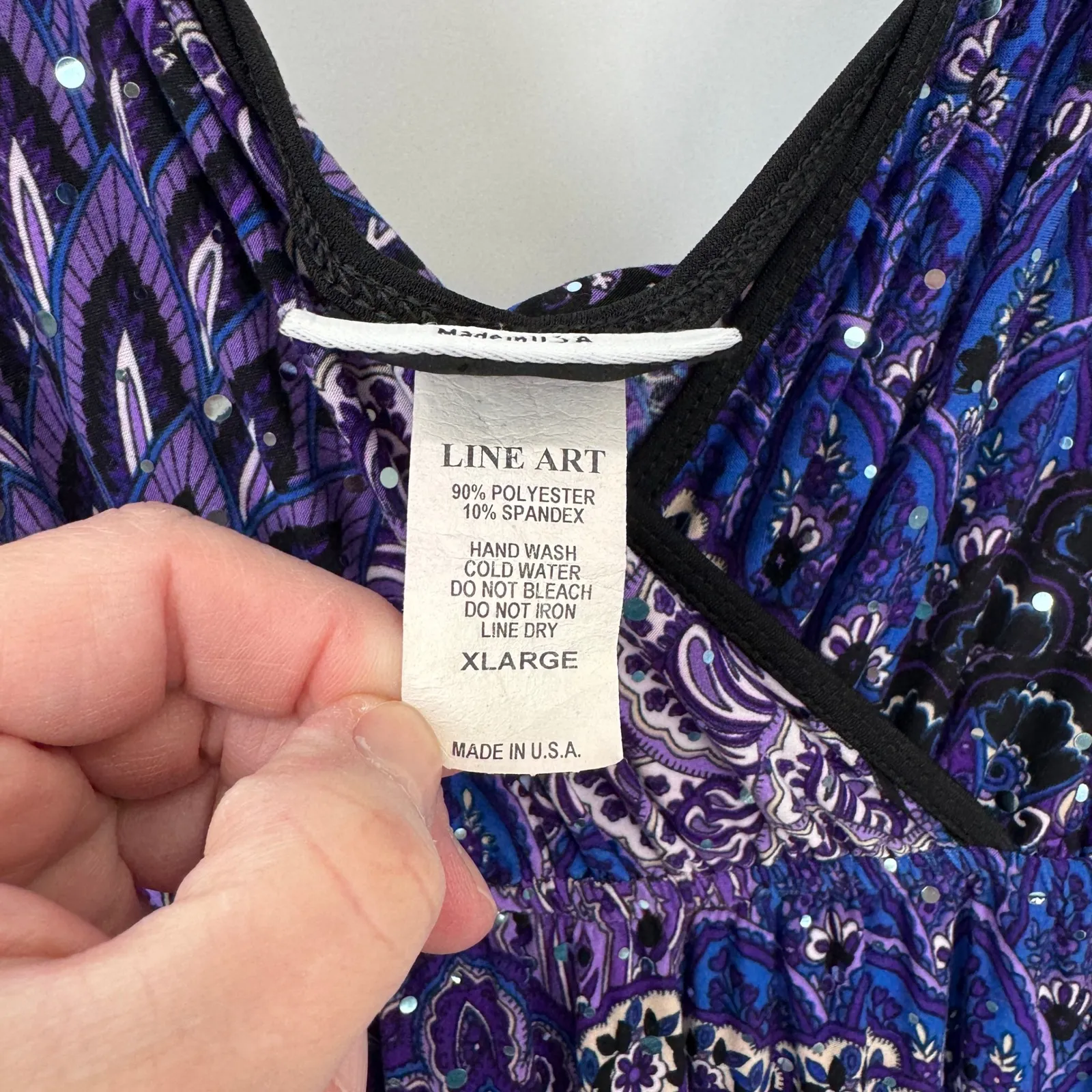 Vintage Dream Dance Line Art Purple Paisley Sparkle Maxi Dress XL Made in USA - Image 8