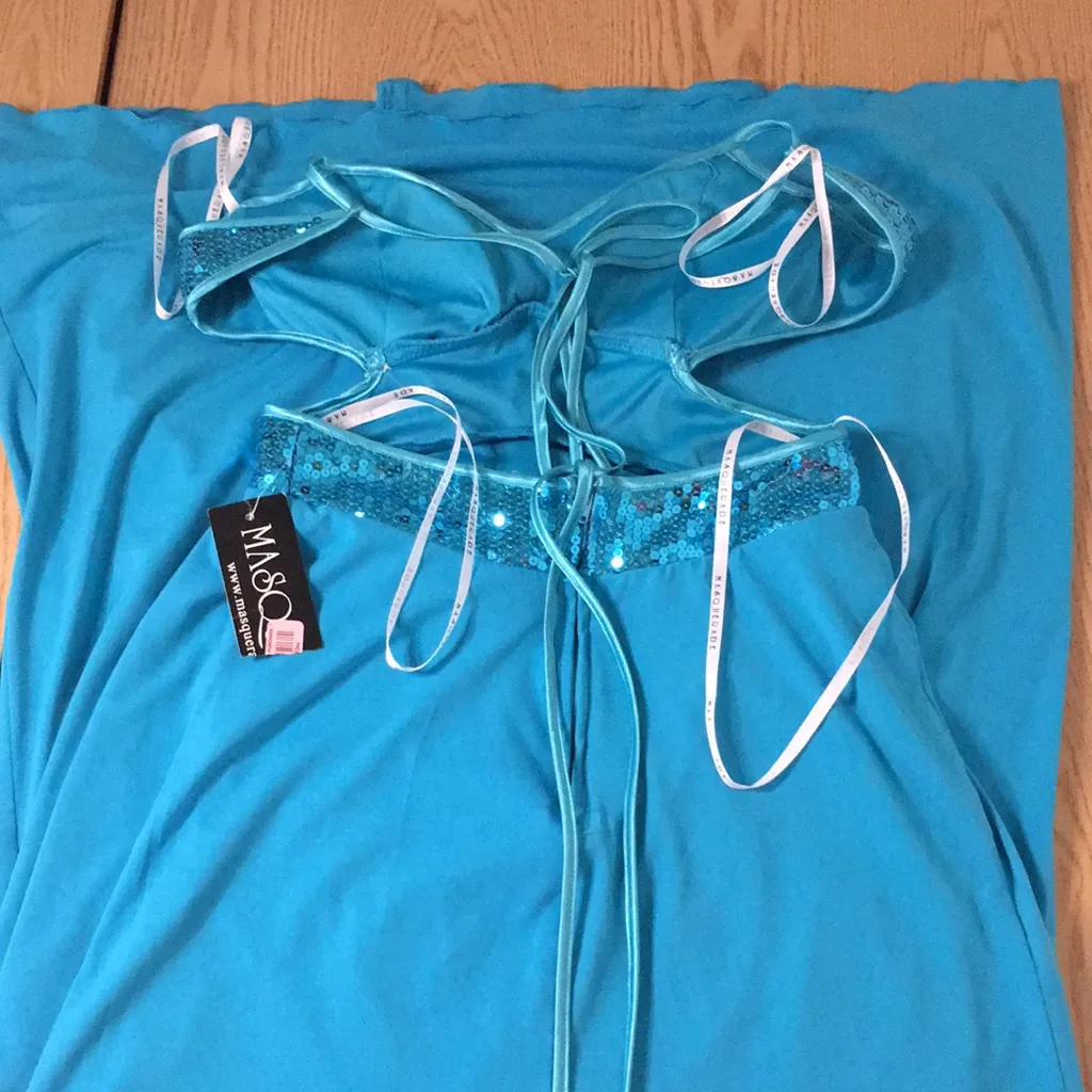 New Masquerade Formal or Prom Halter Shimmery Sequins Dress Turquoise Blue 3/4 - Image 5