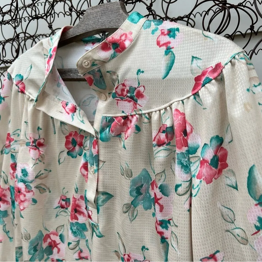 Vintage 60s DEVON butter cream pink green floral button down polyester blouse Size M - Image 2