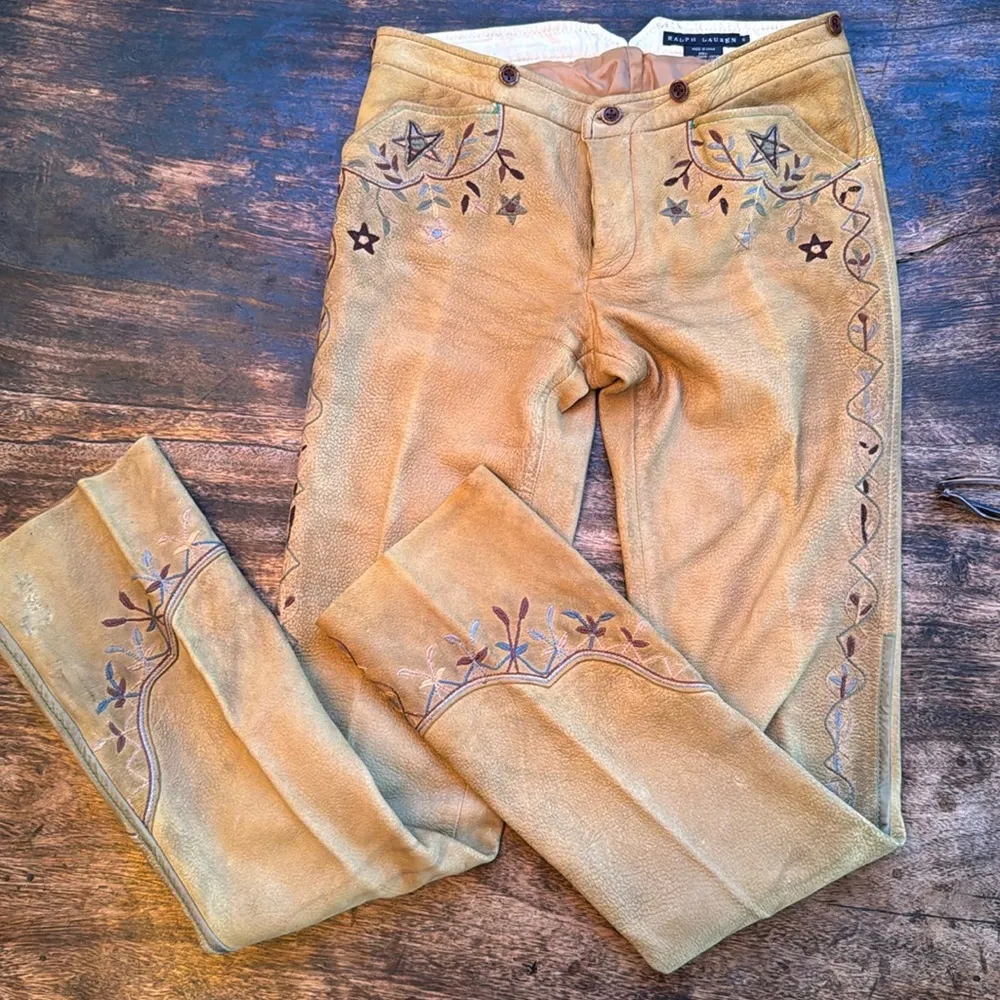 RARE Ralph Lauren blue label calf-suede tan leather embroidered western pants 6 - Image 15