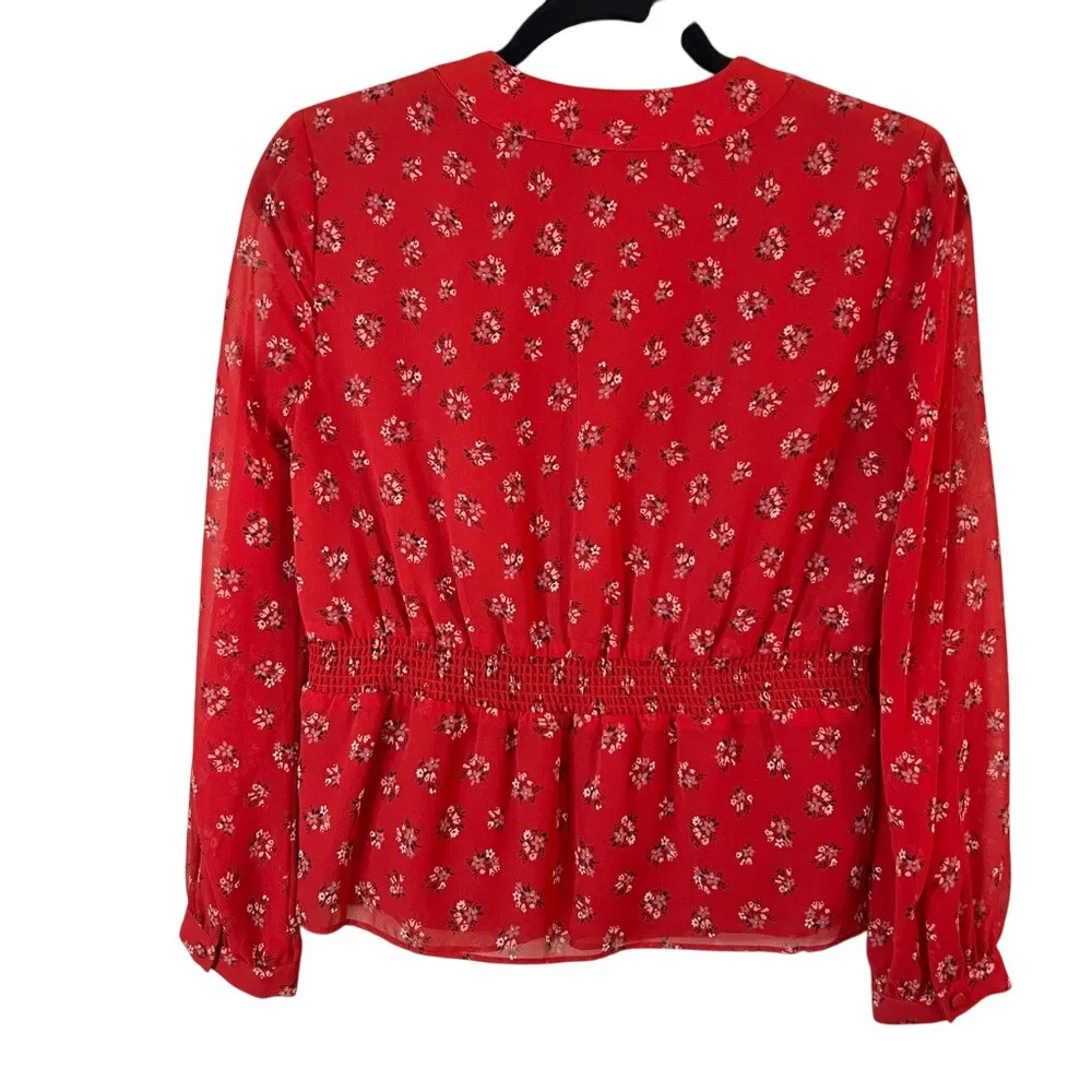 Madewell Floral Print Peplum Blouse Long Sleeve V Neck Red Top XS Romantic Class - Image 4