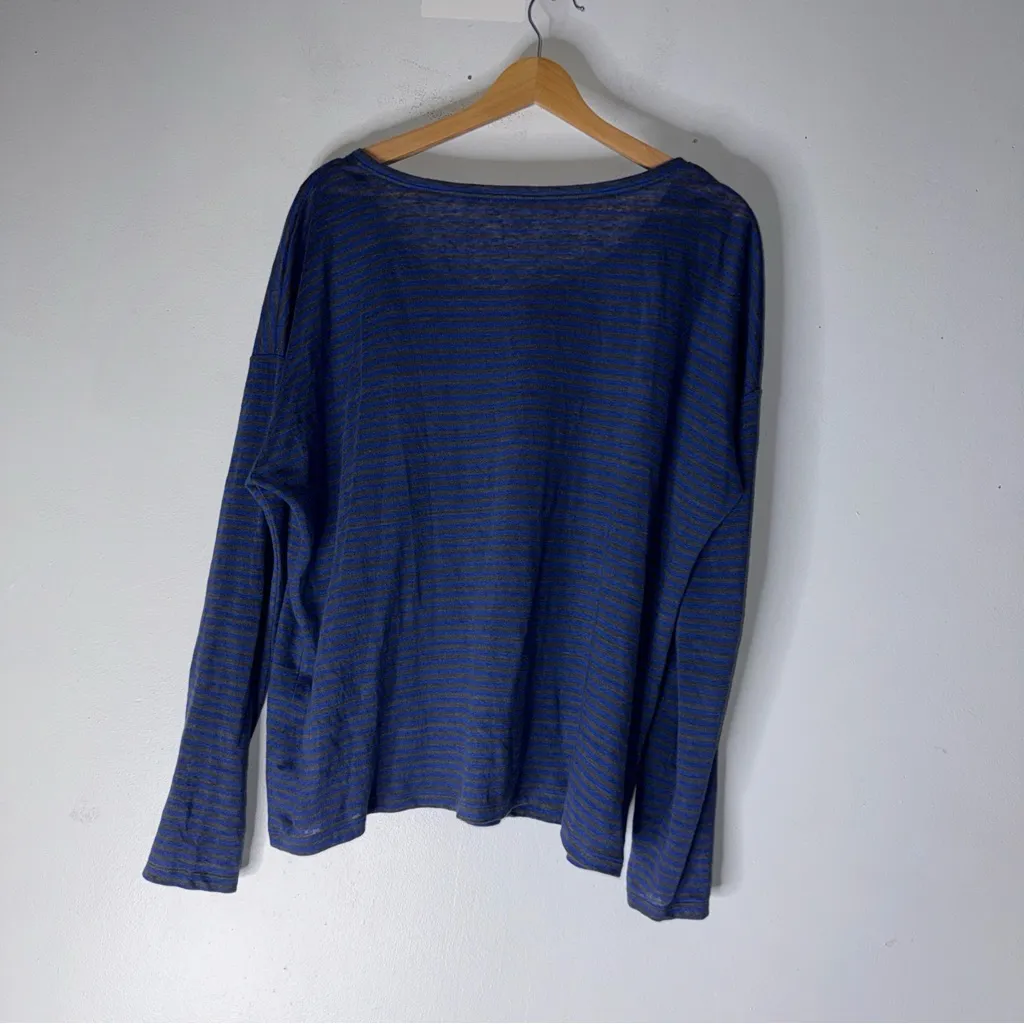Eileen Fisher Blue Gray Stripe Long Sleeve Linen T-shirt Small - Image 2