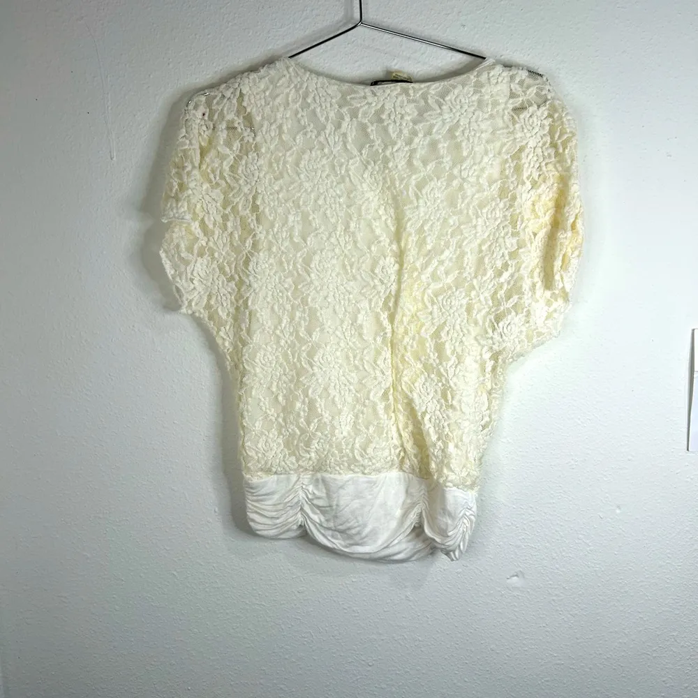 Romantic White Lace Overlay Blouse Satin Ruched Hem Love J Size Med Dressy - Image 7