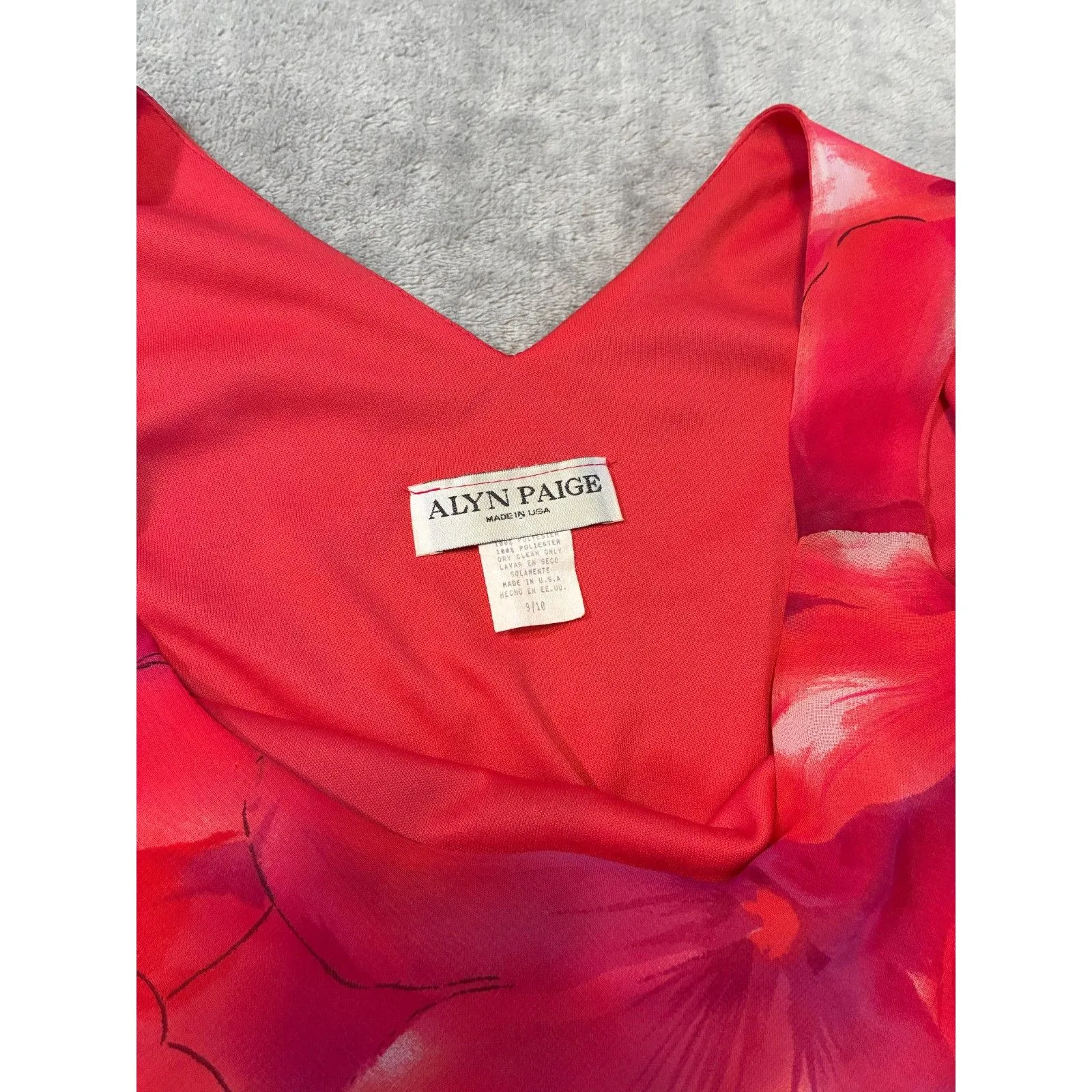 Alyn Paige Red Floral Dress Size 9/10 Made in USA 90s Fit & Flare Sheer - Image 2