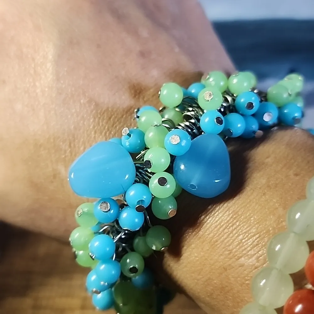 Silver Aqua Blue and Green Cha Cha Stretch Bracelet - Image 4