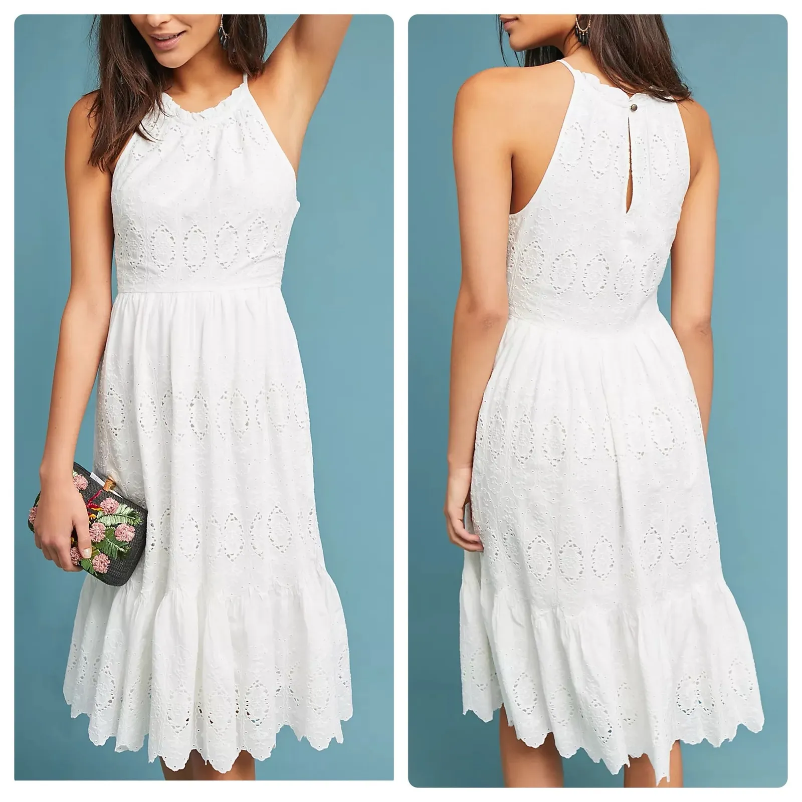 Anthropologie Maeve Womens Boho Beachy Tiered Eyelet‎ Midi Dress Size 0 White - Image 2