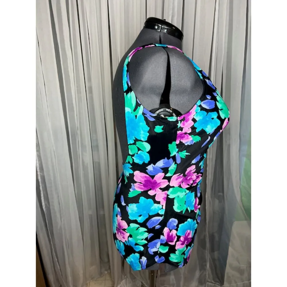 one piece swimsuit floral V neck 1980s pink teal - Image 10
