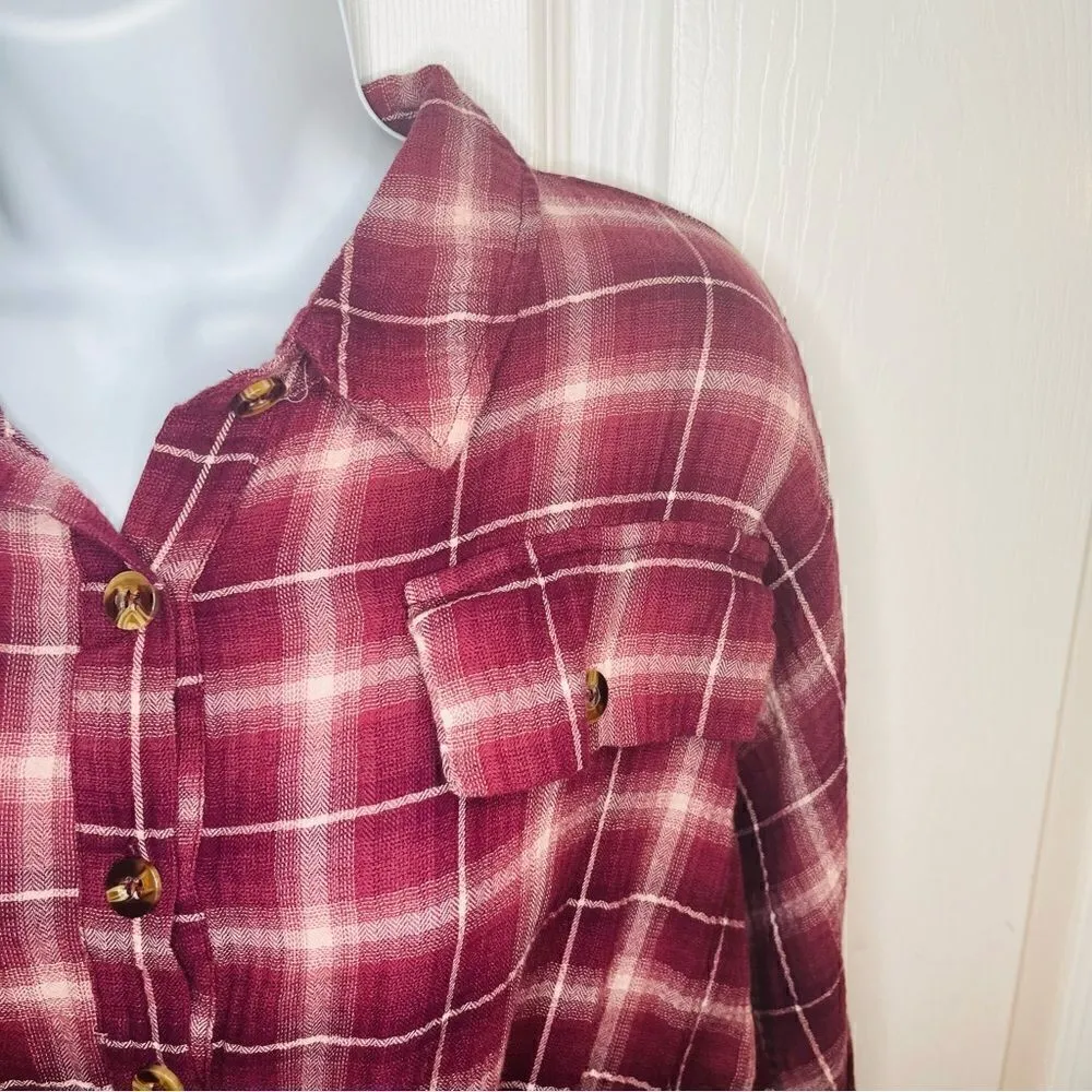Wild Moss Women's Burgundy Long Sleeve Plaid Mini Shirt Dress M Pink Size M - Image 5
