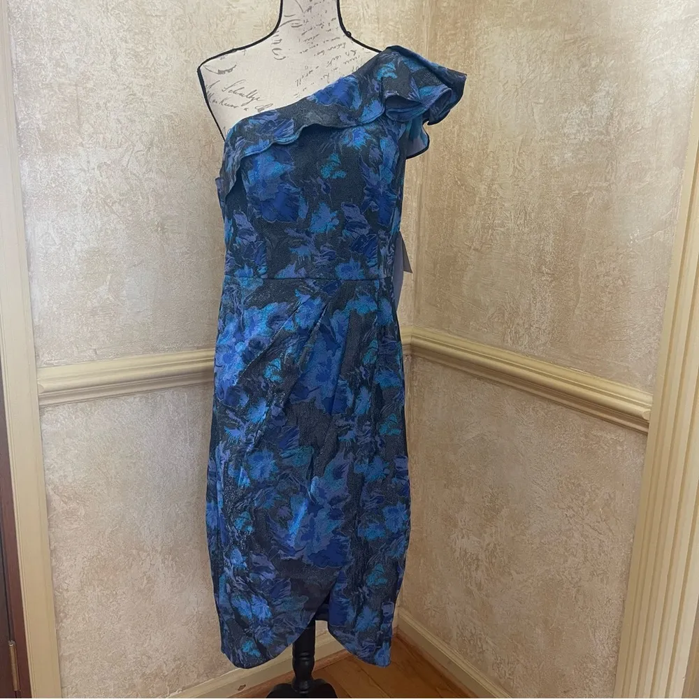 AIDAN MATTOX by ADRIANNA PAPELL Stretch Jacquard Midi Dress Blue Metallic Sz 16 - Image 7