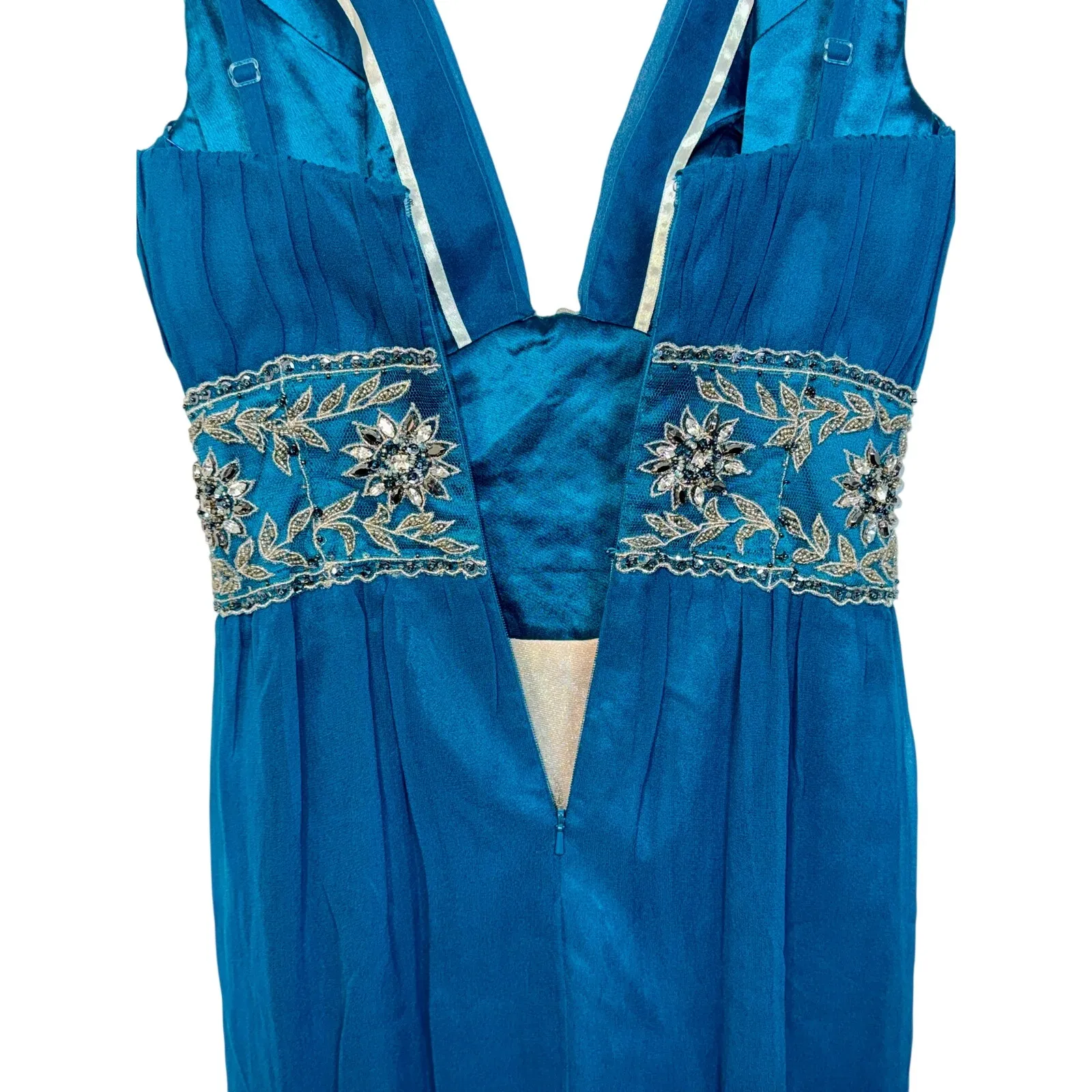 NWT Mandalay Turquoise Silver Silk Beaded Sequin Midi Evening Gown Dress Size 4 Blue - Image 8