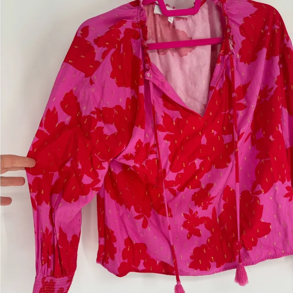 SugarLips Red & Pink Floral Sparkle Tassel Blouse - Image 3