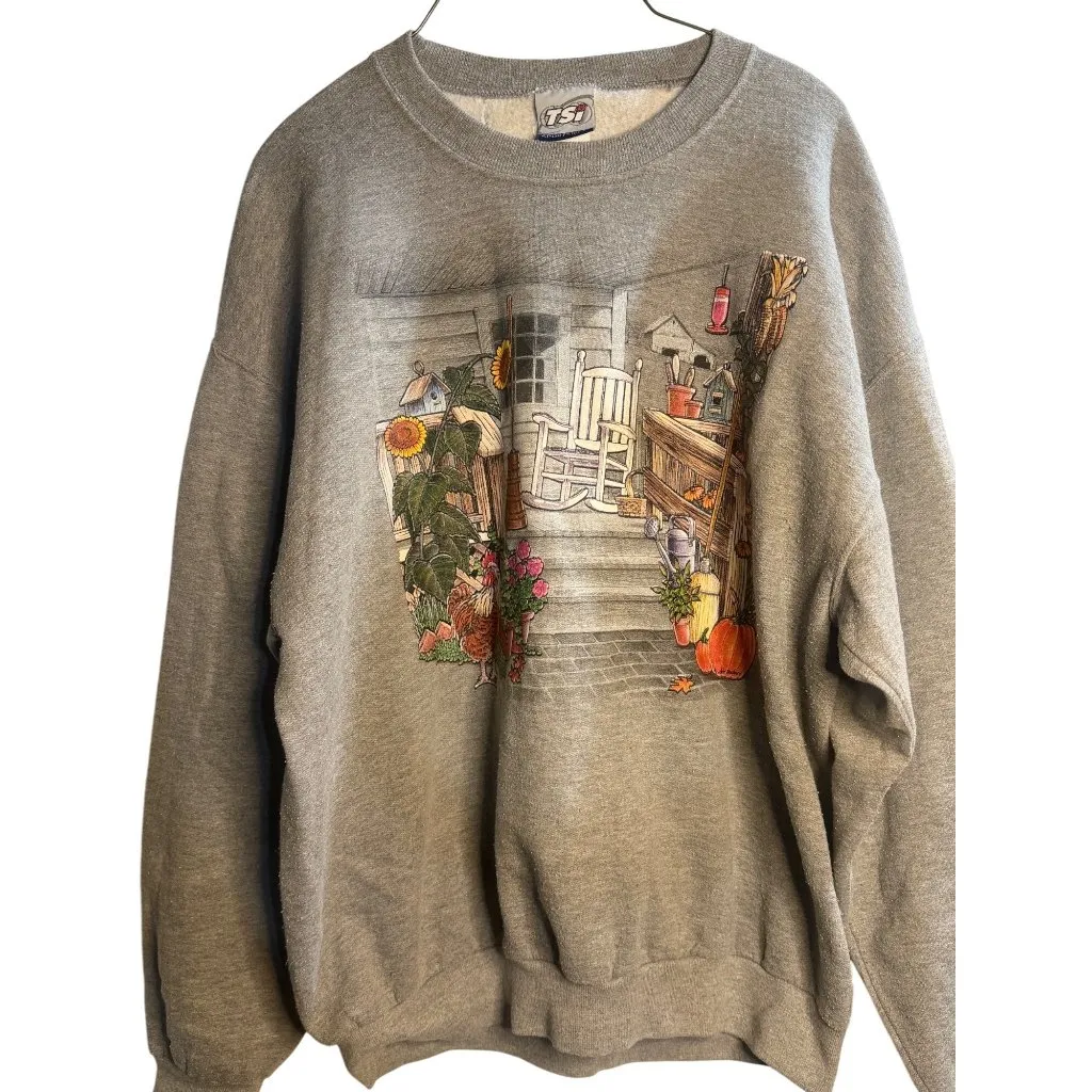 VTG Autumn Porch 90's Sweatshirt Women’s XL 23x26 Cozy Fleece Crewneck Rustic Gray - Image 3